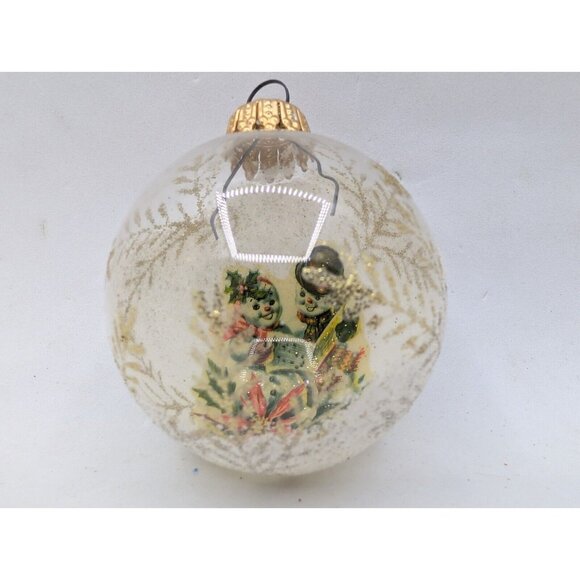 West Germany Clear Glass Frosted Reverse Snow Couple Caroling Poinsettia 2.5" - Picture 1 of 10